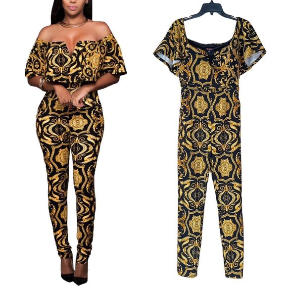 Jumpsuit Tapestry Print Off Shoulder Bodysuit - Picture 9 of 9